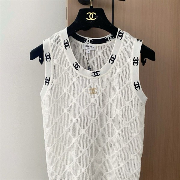 Chanel シャネルブランドニットベスト レディース チョッキ 透かし編み トップス レトロ ノースリーブ ゆったり 体型カバー 通気 コットン おしゃれ 大人 重ね着 アウター カジュアル 通勤 夏秋 S - XL