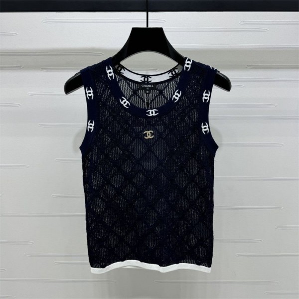 Chanel シャネルブランドニットベスト レディース チョッキ 透かし編み トップス レトロ ノースリーブ ゆったり 体型カバー 通気 コットン おしゃれ 大人 重ね着 アウター カジュアル 通勤 夏秋 S - XL