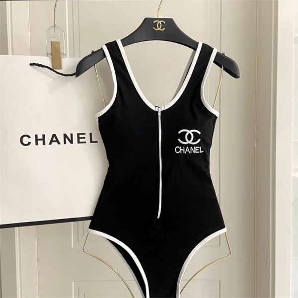 Chanel シャネルブランド体型カバー水着 レディース ワンピースビキニ ハイレグ セクシー 大きいサイズ 着痩せ バスト盛れる スイムドレス パッド入る ワイヤーなし ビーチウェア 黒 白 S - XL