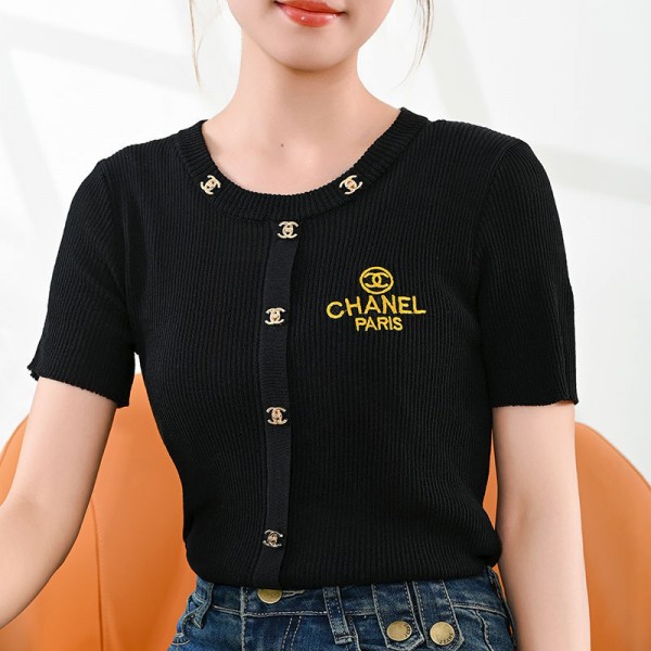 Chanel シャネルブランドニット レディース セーター 半袖 サマーニット カットソー ボタン付き 可愛い 柔か 肌触りが良い 薄手 伸縮性 刺繍 シンプル おしゃれ 着回し力 ニットソー 普段着 トップス 夏