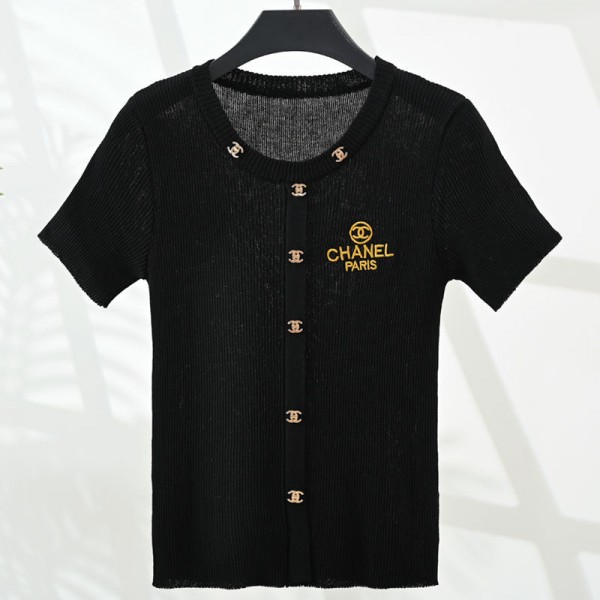 Chanel シャネルブランドニット レディース セーター 半袖 サマーニット カットソー ボタン付き 可愛い 柔か 肌触りが良い 薄手 伸縮性 刺繍 シンプル おしゃれ 着回し力 ニットソー 普段着 トップス 夏