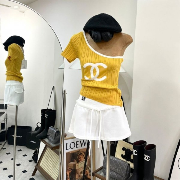 Chanel シャネルブランドレディース ワンショルダー ノースリーブ ニット ドローストリング アシンメトリー ヘム ルーシュ チューブ トップ