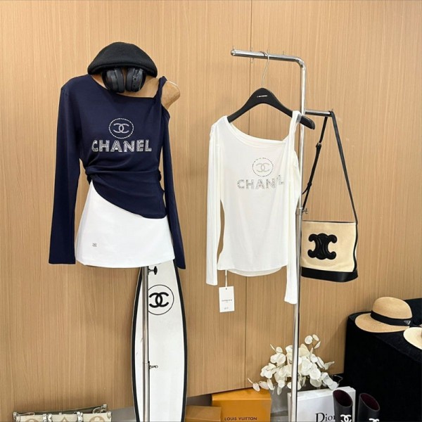 Chanel シャネルブランドオフショルダー カットソー 長袖Tシャツ レディース 肩出し トップス ワンショルダーTシャツ ブラウス セクシー ロング T シャツ 薄手スリム 着痩せ おしゃれ 春秋冬
