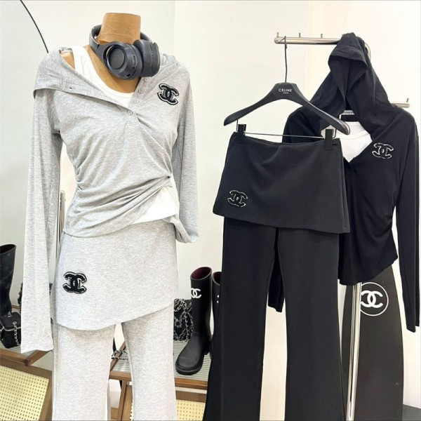Chanel シャネルブランドレディース 上下 3点セット パンツセット セットアップ トレーナー ロングパンツ 春 秋 冬 長袖Ｔシャツ M,L フード付き 無地 スリム カジュアル 運動着 普段着 部屋着 ジョギング