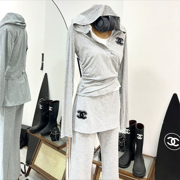 Chanel シャネルブランドレディース 上下 3点セット パンツセット セットアップ トレーナー ロングパンツ 春 秋 冬 長袖Ｔシャツ M,L フード付き 無地 スリム カジュアル 運動着 普段着 部屋着 ジョギング