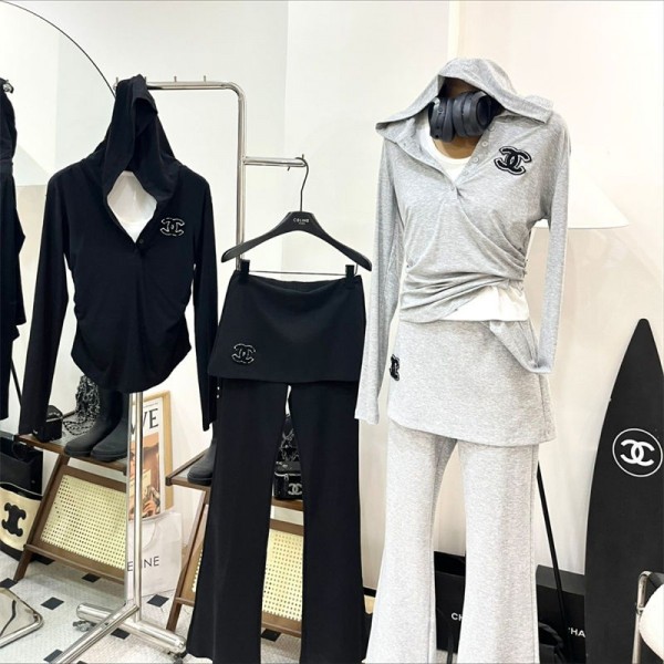Chanel シャネルブランドレディース 上下 3点セット パンツセット セットアップ トレーナー ロングパンツ 春 秋 冬 長袖Ｔシャツ M,L フード付き 無地 スリム カジュアル 運動着 普段着 部屋着 ジョギング
