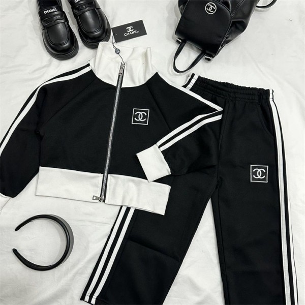 Chanel シャネルブランド子供服 パンツセット 女の子 ジャージ 上下セット スウェット セットアップ 120 - 160cm パーカー ジップアップ ロングパンツ キッズ 2点セット 運動着 ゆったり リブ編み カジュアル 可愛い 春秋 ガールズ お洒落 