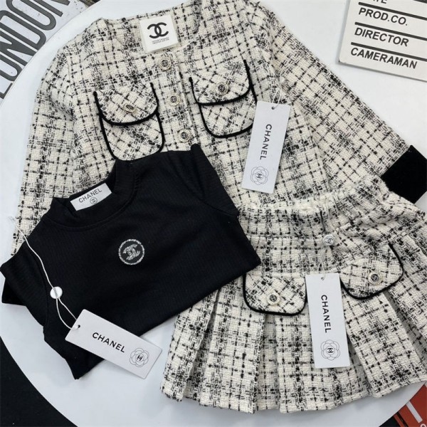 Chanel シャネルハイブランド子供服 女の子 フォーマル セット 可愛い コート 長袖ｔシャツ プリーツスカート 3点セット ツイルジャケット 人気 キッズ 洋服 発表会 結婚式 ガールズ 入学式 スーツ 春秋 100 - 150cm