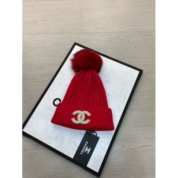 ブランドChanel シャネル女性用冬のポンポン付きビーニーハット 暖かい ニットキャップ かわいい 厚手のスローチーなスノーニットスカルスキーハット