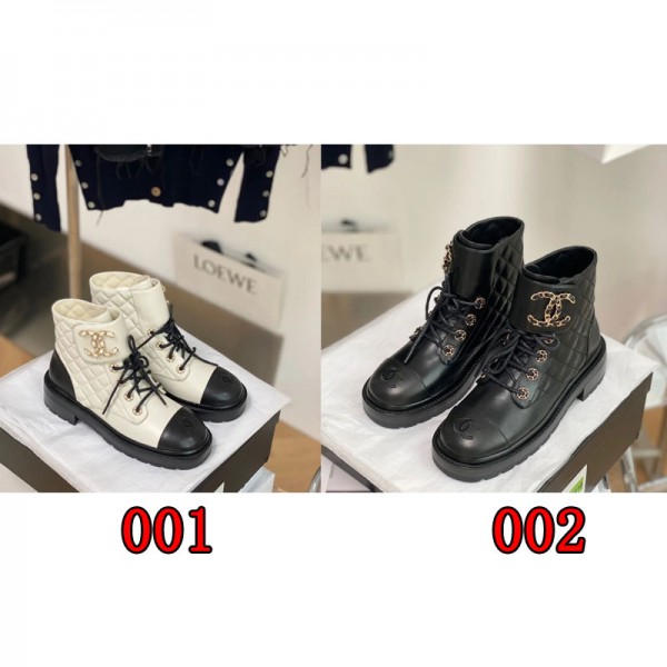 Chanel シャネルブランド気質ブーツ レディース スノーブーツ サイドジッパー 秋冬 裏起毛 レースアップ 225¬250cm 厚底 ショートブーツ ハイカット 防水 滑らない 女性用 ブラック