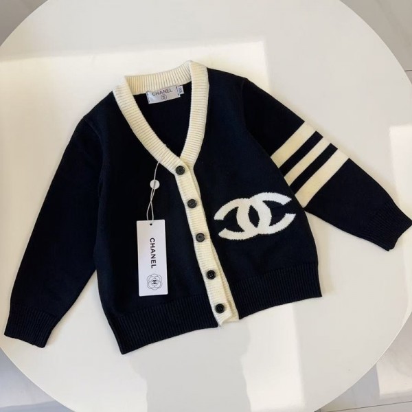Chanel シャネルブランドカーディガン 女の子 セーター コート 長袖 アウター ニット Vネック グレー 保温 秋 冬 キッズ 小学生 中学生 子供服 90-140cm