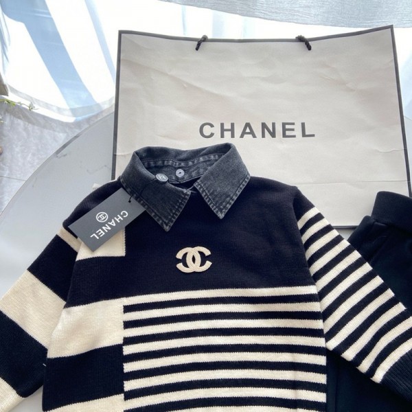 Chanel シャネルブランド子供服 男の子 ジャージ セットアップ 2点セット 100-150cm キッズ 春 秋 服 ガールズ セーター スポーツパンツ 2点セット 子供 スウェット スウェットパンツ 男の子 上下セット レイヤード ジャージ キッズ 韓国 おしゃれ ストライプ 男の子服