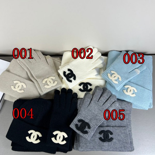 Chanel シャネルブランド冬3で1 ニット帽子スカーフと手袋 レディース ファッション シンプルな5色ジャカード タッチ スクリーン手袋 ビーニーキャップ 長いスカーフ 柔らウール生地 厚手 防寒 アウトドア 通勤用