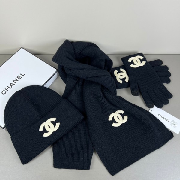 Chanel シャネルブランド冬3で1 ニット帽子スカーフと手袋 レディース ファッション シンプルな5色ジャカード タッチ スクリーン手袋 ビーニーキャップ 長いスカーフ 柔らウール生地 厚手 防寒 アウトドア 通勤用