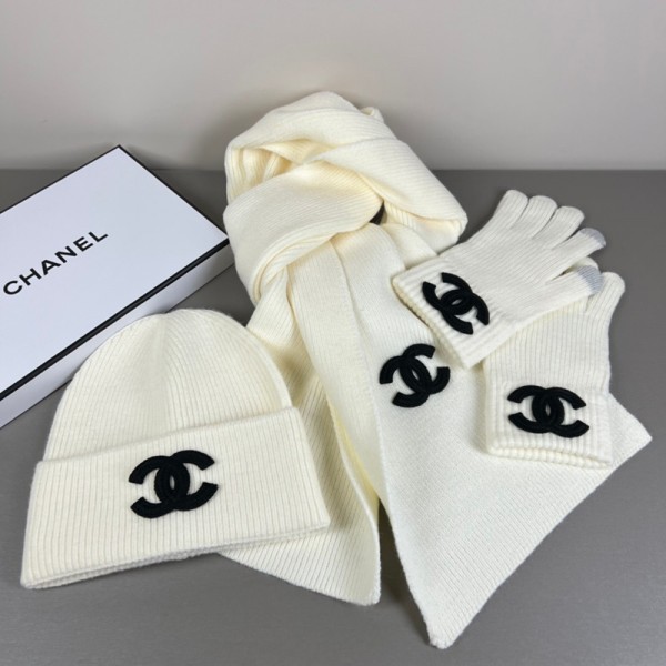 Chanel シャネルブランド冬3で1 ニット帽子スカーフと手袋 レディース ファッション シンプルな5色ジャカード タッチ スクリーン手袋 ビーニーキャップ 長いスカーフ 柔らウール生地 厚手 防寒 アウトドア 通勤用