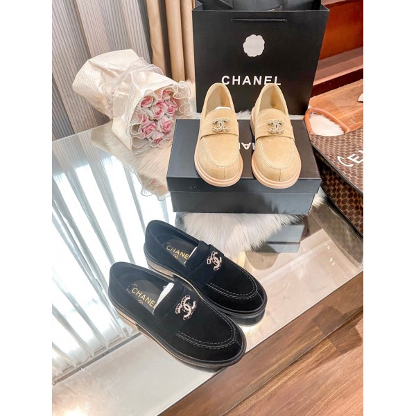 Chanel シャネルブランドファーモカシン ローファー ベロア スリッポン リボンデザイン フェイクファー 暖か シューズ レディース 気質 ファッション 225¬250cm