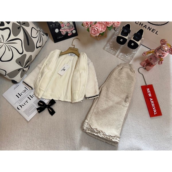 ブランドシャネルガールズ ウィンターコート ワイドパンツ 2点セット Chanel キッズ フリースジャケット ズボン ジャケット ジップアップ ベビー 厚手 暖かい アウター オーバーコート上下セット90-160cm