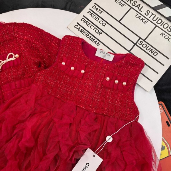 Chanel シャネルハイブランド新年お祝い 女の子 フォーマル ワンピースセット 子供服 90¬140cm スーツ ツイードコート ドレス 赤い 秋冬 チュールスカート エレガント 2点セット 入園 可愛い 学院風 ガールズ 洋服 発表会 卒業