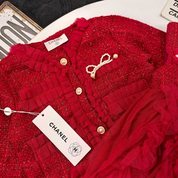 Chanel シャネルハイブランド新年お祝い 女の子 フォーマル ワンピースセット 子供服 90¬140cm スーツ ツイードコート ドレス 赤い 秋冬 チュールスカート エレガント 2点セット 入園 可愛い 学院風 ガールズ 洋服 発表会 卒業