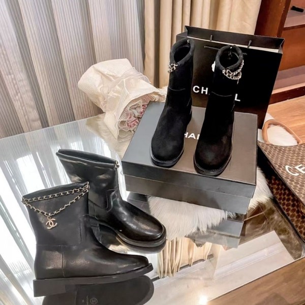 Chanel シャネルブランド革ブーツ レディース サイドジップ チェーン付き ショートブーツ 皮革 ライディングブーツ カジュアル 防水 防滑 エンジニア ワーク 登山靴 春秋 冬用 225¬255mm