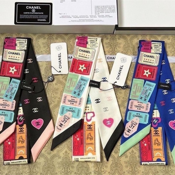 ブランドChanel バッグ用スカーフ シルクサテン調 細長い形 110×7cm 多機能 シャネルネッカチーフ アクセサリー 春夏 海辺 旅行 通勤 オフィス プレゼント バッグ装飾・髪飾り・服飾り兼用
