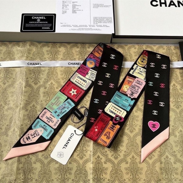 ブランドChanel バッグ用スカーフ シルクサテン調 細長い形 110×7cm 多機能 シャネルネッカチーフ アクセサリー 春夏 海辺 旅行 通勤 オフィス プレゼント バッグ装飾・髪飾り・服飾り兼用