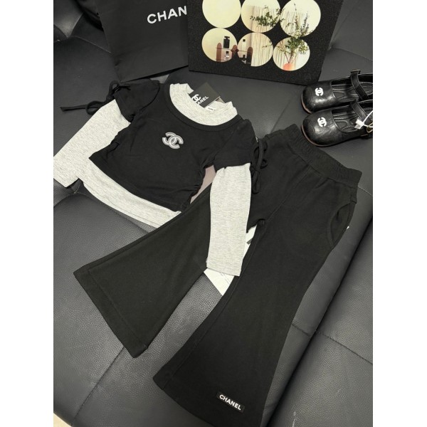 Chanel シャネルハイブランド子供服 女の子 ジャージ ガールズ キッズ服 90¬130cm スウェット おしゃれ 長袖ｔシャツ ロングパンツ ジュニア服 2点 セットアップ 洋服 カジュアル ダンス衣装 可愛い