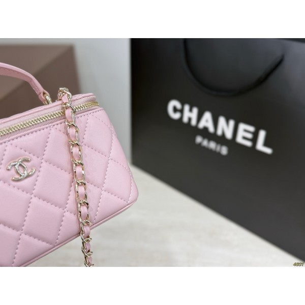 Chanel シャネルブランドメイクポーチ 化粧バッグ 大容量 バニティータイプ コスメティックバッグ 16*10cm 持ち運び 軽量 防水 旅行・出張用 トラベルポーチ 上下分離構造 クッションポーチ ブラシポケット 化粧品収納 リボンハンド 仕切り コンパクト おしゃれ 多機能