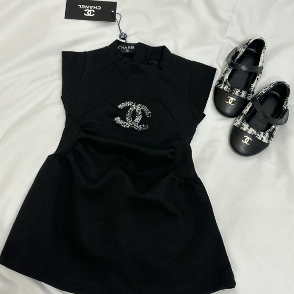 Chanel シャネルブランド子供用ノースリーブワンピース ブランドキッズ服ｔシャツワンピース 夏服 ウエスト絞り 着痩せ かわいい 120-170cm