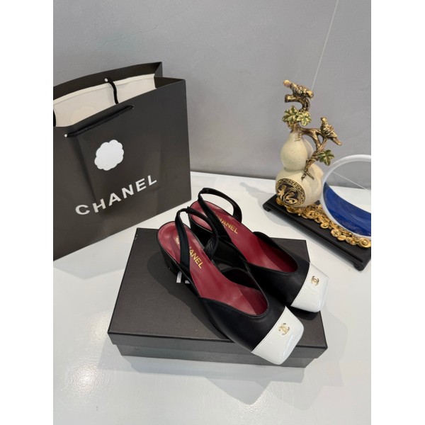 シャネルCHANELブランド 靴バイカラースクエアトゥ バックストラップパンプス レディースシャネルエレガントバイカラー バックストラップヒールシューズ 春夏