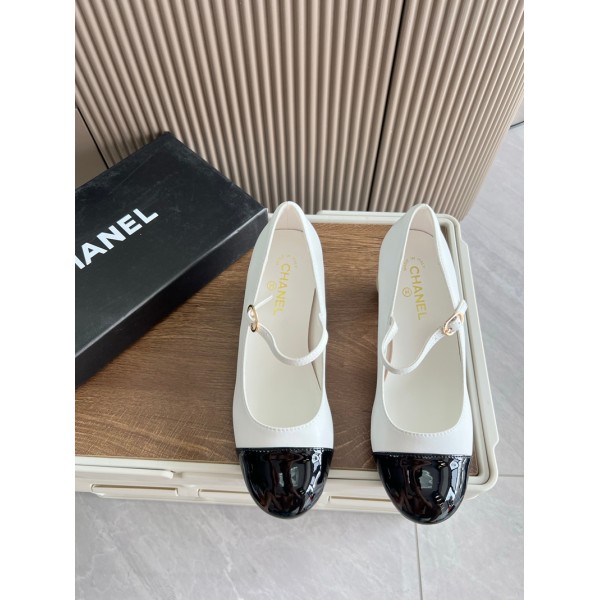 シャネルCHANELレディース バイカラーメリージェーンパンプス 太ヒール ストラップ付きシャネル丸トウ メリージェーンシューズ バイカラー ローヒール 通勤パンプス