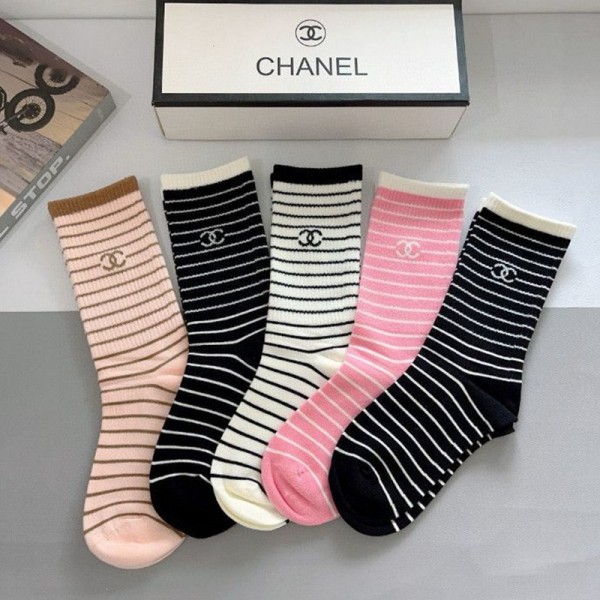 Chanel シャネルハイブランド ソックス 綿製ボーダー柄 長筒ソックス 5足セット ギフトブランドミドルソックス 高品質上質な コットン ソックス くつした