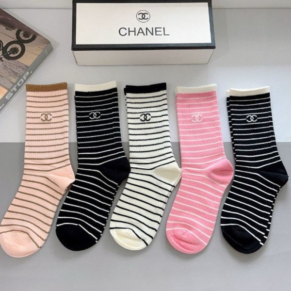 Chanel シャネルハイブランド ソックス 綿製ボーダー柄 長筒ソックス 5足セット ギフトブランドミドルソックス 高品質上質な コットン ソックス くつした