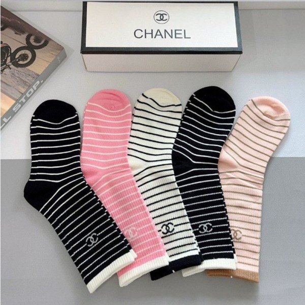 Chanel シャネルハイブランド ソックス 綿製ボーダー柄 長筒ソックス 5足セット ギフトブランドミドルソックス 高品質上質な コットン ソックス くつした