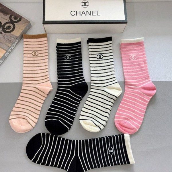 Chanel シャネルハイブランド ソックス 綿製ボーダー柄 長筒ソックス 5足セット ギフトブランドミドルソックス 高品質上質な コットン ソックス くつした