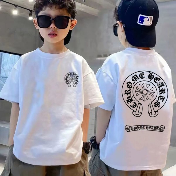クロムハーツ Chrome Heartsブランド子供tシャツ キッズ プリントTシャツ ホワイト ブラック 綿 110-170cm キッズ半袖Tシャツ 抗菌防臭 丸首 半袖 カジュアル 男女兼用  Tシャツ 日常着 スクール 丸首 子供 キッズ