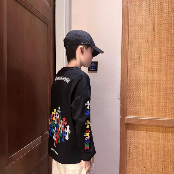 クロムハーツ Chrome Heartsハイブランド子供服 長袖tシャツ カットソー 男の子 トレーナー 上着トップス おしゃれ ジュニア コットン 通気性 柔らかい 普段着 110¬170cm カジュアル