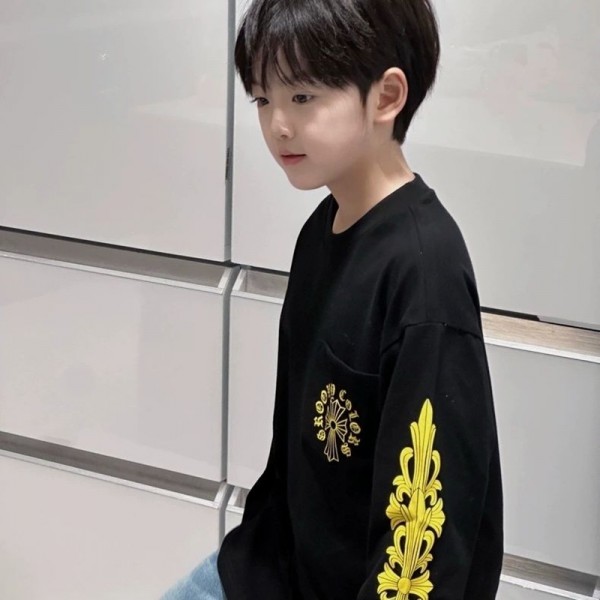 クロムハーツ Chrome Heartsブランド子供服 長袖 Tシャツ 男の子 女の子 カットソー キッズ 綿 トップス トレーナー 流行り 110-170cm ボーイズ 春秋冬 上着 インナー ベビー 男児 ストリート風 カッコイイ お洒落