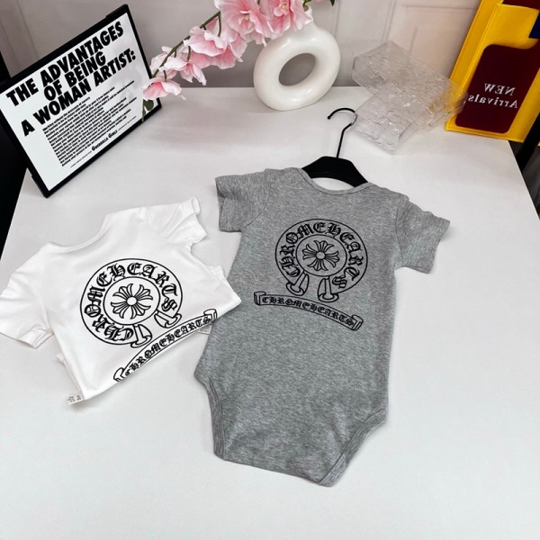 ブランドクロムハーツベビーカバーオール 夏物 Chrome hearts 半袖赤ちゃん服 かわいい 半袖ロンパース ロンパースタイル カバーオールユニセックスベビー 59¬90cm