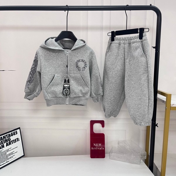 クロムハーツ Chrome Hearts ストリート風キッズパーカーセット クロスチャーム付きカジュアル子供服サークルロゴ刺繍キッズジップアップパーカーセットアップ