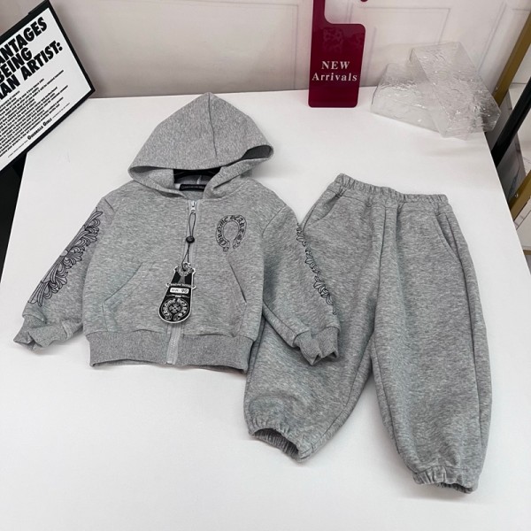 クロムハーツ Chrome Hearts ストリート風キッズパーカーセット クロスチャーム付きカジュアル子供服サークルロゴ刺繍キッズジップアップパーカーセットアップ