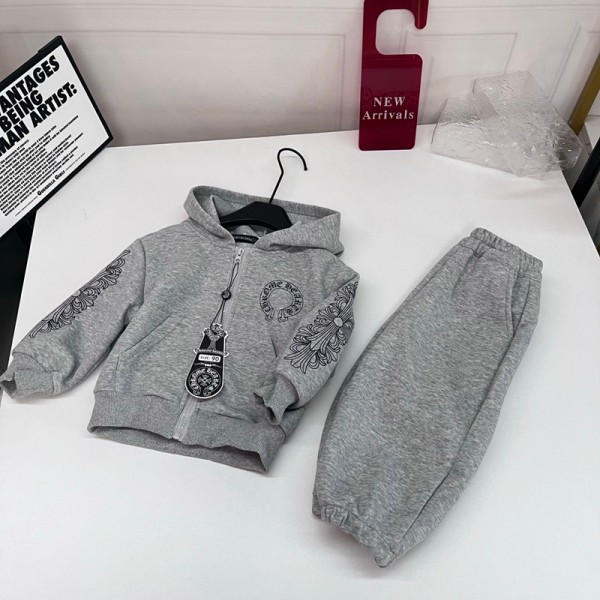 クロムハーツ Chrome Hearts ストリート風キッズパーカーセット クロスチャーム付きカジュアル子供服サークルロゴ刺繍キッズジップアップパーカーセットアップ
