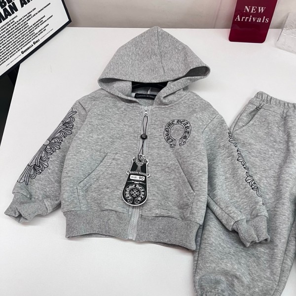 クロムハーツ Chrome Hearts ストリート風キッズパーカーセット クロスチャーム付きカジュアル子供服サークルロゴ刺繍キッズジップアップパーカーセットアップ