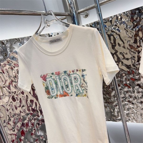 ディオール 花柄Ｔシャツ ブランド レディース 半袖 Dior 刺繍ロゴ カジュアル 白 シンプル 着心地良い ブラウス かわいい おしゃれ 丸首 コディネートやすい お出かけ着 S M L　