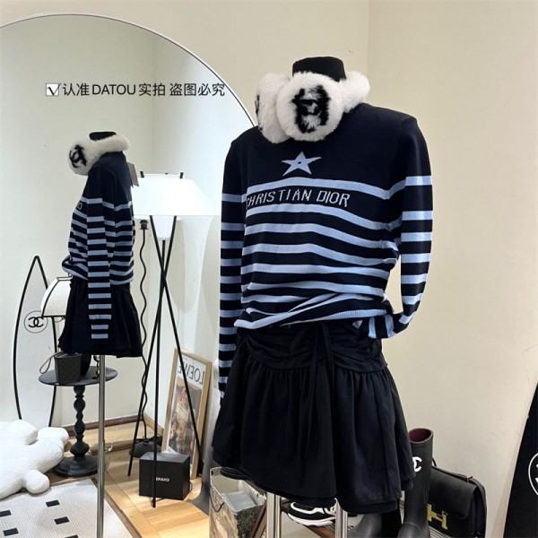 ハイブランド Dior ディオール ニット トップス レディース プルオーバー セーター クルーネック カットソー ドロップショルダー ボーダー 上着 ゆったり おしゃれ 秋 冬 春