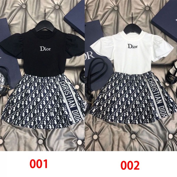 Dior ディオールブランド子供セットアップ 上下セット 薄手 キッズ服 半袖 ハーフスカート Tシャツ ショート丈 ゆったり ガールズ ダンス 女の子 夏 韓国子供服 90 - 160cm