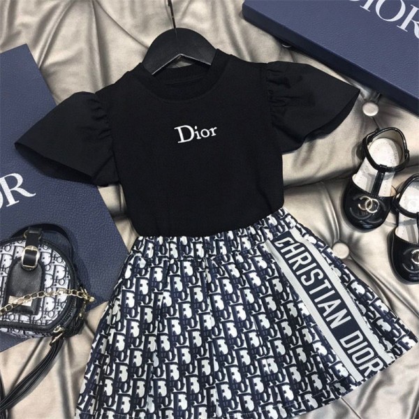 Dior ディオールブランド子供セットアップ 上下セット 薄手 キッズ服 半袖 ハーフスカート Tシャツ ショート丈 ゆったり ガールズ ダンス 女の子 夏 韓国子供服 90 - 160cm