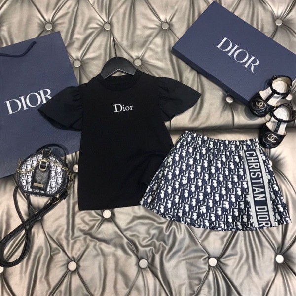 Dior ディオールブランド子供セットアップ 上下セット 薄手 キッズ服 半袖 ハーフスカート Tシャツ ショート丈 ゆったり ガールズ ダンス 女の子 夏 韓国子供服 90 - 160cm