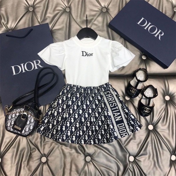 Dior ディオールブランド子供セットアップ 上下セット 薄手 キッズ服 半袖 ハーフスカート Tシャツ ショート丈 ゆったり ガールズ ダンス 女の子 夏 韓国子供服 90 - 160cm