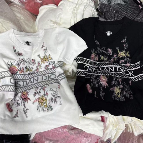 Dior ディオールニットtシャツハイブランドリブニット サマーセーター レディース 半袖 ニット セーター トップス カットソー リブ おしゃれ かわいい 無地 シンプル